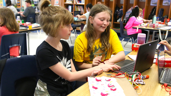 Students from Green and Patton Elementary Schools working on Makey Makey STEAM invention kits.
